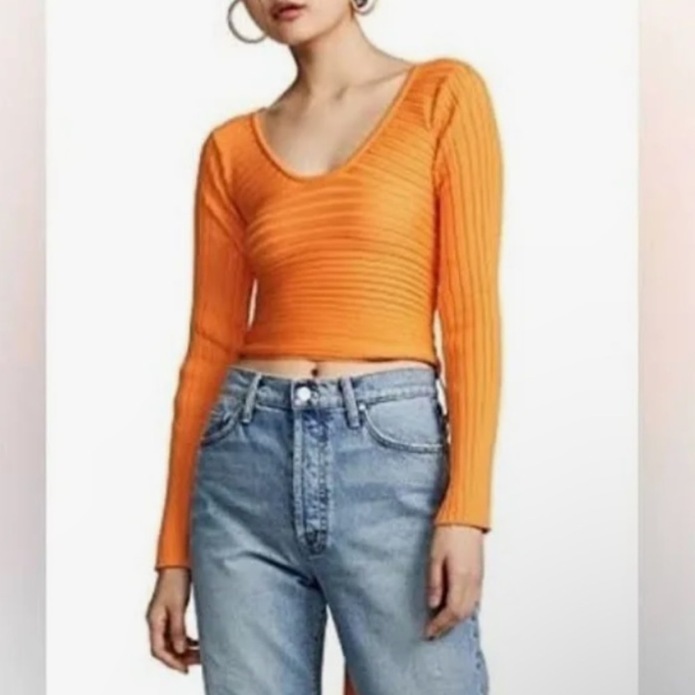 Tibi Orange Ribbed Long Sleeve Top